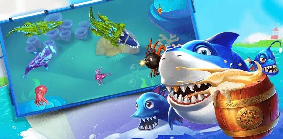 Visual permainan tembak ikan bertema laut untuk arena mobile